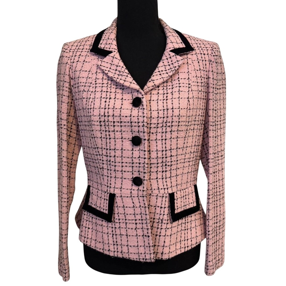 Jessica Howard Petite Pink Black Tweed Blazer Jacket Velvet Trim Size 6P